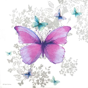 N757# 3 pezzi di tovaglioli di carta singoli per decoupage, fazzoletti artigianali, farfalla rosa su sfondo bianco