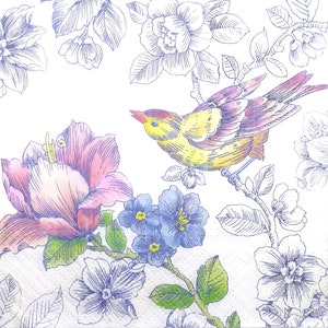 N680 # 3 Stück Papierservietten einzeln für Decoupage, Basteltücher, Pastellvogel Auf Blumenzweig
