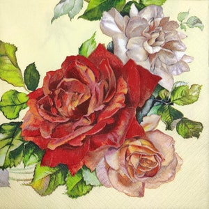 N030# 3 pezzi di tovaglioli di carta singoli per decoupage, fazzoletti artigianali, ghirlanda di fiori di rose su sfondo crema