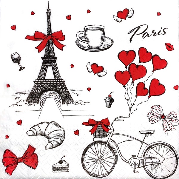 N087 # 3 serviettes en papier pour découpage, papier tissu artisanal, collage Tour Eiffel rouge Love In Paris