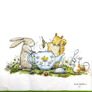 N655 n° 3 serviettes en papier pour découpage, papier tissu artisanal, animaux sauvages rigolos - l'heure du thé avec lièvre, écureuil, lapin, souris