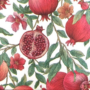 N776# 3 pezzi di tovaglioli di carta singoli per decoupage, fazzoletti artigianali, motivo melograno su sfondo bianco