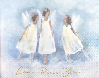 N659# 3 Pieces Of Single Paper Napkins for Decoupage, Craft Tissue, Three Pastel Painted Angels: Love, Peace & Hope