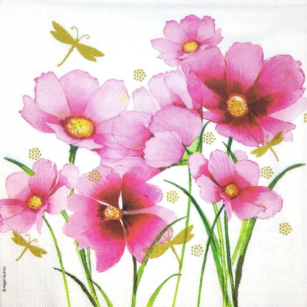 M315# 3 Pieces Of Single Paper Napkins for Decoupage, Craft Tissue, Pink  Cosmos Flowers Twigs With Gold Shimmer Dragonfly