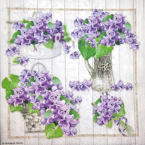 M646# 3 peças de guardanapos de papel individuais para decoupage, tecido artesanal, cestas de flores de amor-perfeito roxo