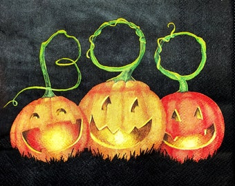 N663# 3 Piece Of Single Paper Napkins for Decoupage, Craft Tissue, Happy Halloween Pumpkin  Candle Holders Boo