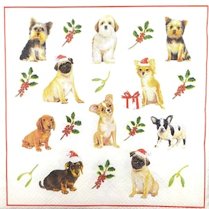 N808# 3 pezzi di tovaglioli di carta singoli per decoupage, fazzoletti artigianali, vari mini cani modello natalizio