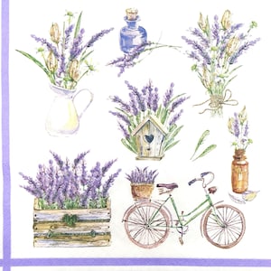 N788# 3 sztuki pojedynczych serwetek papierowych do decoupage'u, papier rzemieślniczy, bukiet fioletowych kwiatów lawendy, kosz, kolaż rowerowy
