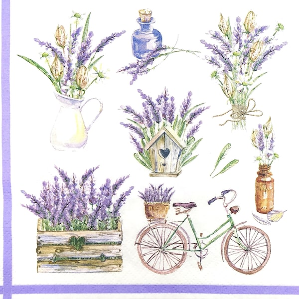 N788# 3 Pieces Of Single Paper Napkins for Decoupage, Craft Tissue, Purple Lavender Flowers Bouquet, Basket, Bike Collage