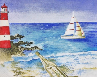 N024# 3 Pieces Of Single Paper Napkins for Decoupage, Craft Tissue, Sea Shore With Ligthouse And Mesagge In The Bottle