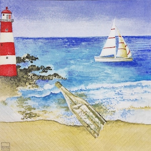 N024 # 3 Stück Papierservietten einzeln für Decoupage, Basteltücher, Meeresküste mit Leuchtturm und Mesagge in der Flasche