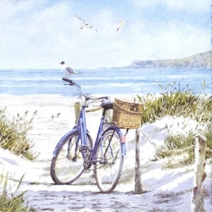 S635# 3 pezzi di tovaglioli di carta singoli PICCOLI per decoupage, formato cocktail, fazzoletti artigianali, bicicletta sul paesaggio marino tra le dune