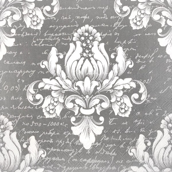 M929# 3 pezzi di tovaglioli di carta singoli per decoupage, veline artigianali, fiori bianchi grigi con motivo barocco arabescue damascato su sfondo con scritta