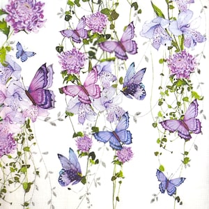 M424# 3 pezzi di tovaglioli di carta singoli per decoupage, carta velina, fiocco di farfalle viola e fiori viola
