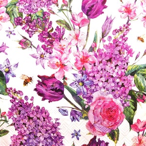 N684# 3 piezas de servilletas de papel individuales para decoupage, pañuelos artesanales, rosas, tulipanes, flores lilas, versión con patrón más nítido