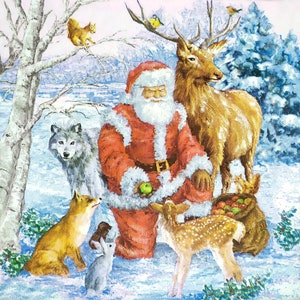 N329# 3 Pieces Of Single Paper Napkins for Decoupage, Craft Tissue, Christmas Santa Claus Feeding Wild Animals Raindeer Deer Fox Wolf