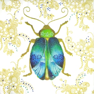 N229# 3 Pieces Of Single Paper Napkins for Decoupage, Craft Tissue, Green Blue Scarab Beetle On Beige Swirl Background
