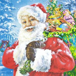 N195# 3 Pieces Of Single Paper Napkins for Decoupage, Craft Tissue, Christmas Santa Claus Bringing Bag Of Gifts