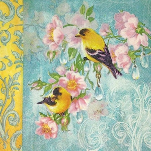 S012 #3 PETITES serviettes en papier simples pour découpage format cocktail, mouchoirs en papier artisanal, oiseaux jaunes sur fond bleu sarcelle, fleurs roses