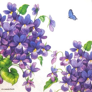 M614# 3 pezzi di tovaglioli di carta singoli per decoupage, carta velina, motivo a fiori viola con farfalle viola