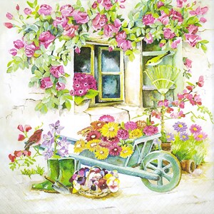 N277# 3 sztuki pojedynczych serwetek papierowych do decoupage'u, papier rzemieślniczy, ogrodnik, wózek na kwiaty w starym domu