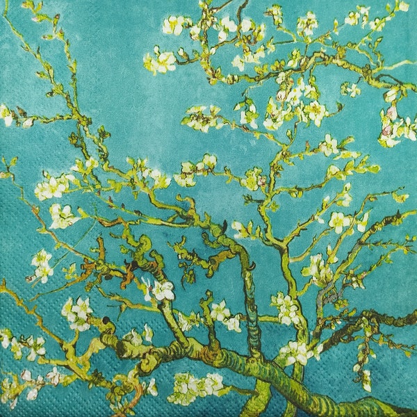 N723 # 3 pièces de serviettes en papier pour découpage, papier de soie artisanal, fleurs d'amandier peintes par Van Gogh sur fond bleu sarcelle