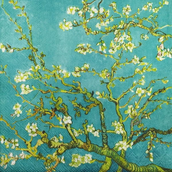 N723# 3 servilletas de papel individuales para decoupage, papel de seda para manualidades, pintura de Van Gogh de flores blancas de almendro sobre fondo verde azulado