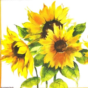 S017# 3 pezzi di PICCOLI tovaglioli di carta singoli per decoupage formato cocktail, tessuto artigianale, fiori di girasole gialli su sfondo bianco