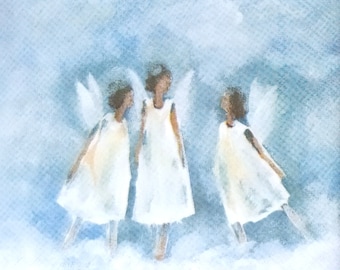 S253# 3 Pieces Of SMALL Single Paper Napkins for Decoupage Cocktail Size, Craft Tissue, Three Pastel Painted Angels: Love, Peace & Hope