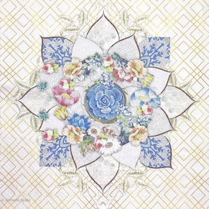 N004# 3 stuks enkele papieren servetten voor decoupage, knutselpapier, grijsblauwe bloemen geschilderde mandala op grijze achtergrond