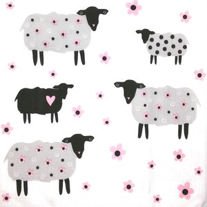 M779# 3 pièces de serviettes en papier pour découpage, papier de soie artisanal, blanc gris noir bébé agneau mouton troupeau sur blanc avec fleurs roses