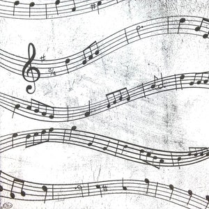S092 # 3 kleine einzelne Papierservietten für Decoupage, Bastelgewebe, schwarze Musiknoten-Muster auf weißem Vintage Hintergrund