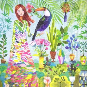 M336 # 3 Stück einzelne Papierservietten für Decoupage, Basteltücher, junge Dame Mädchen mit Topfblumen und Tukan Vogel