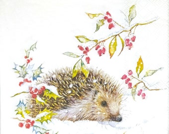 Q392 # 3 Stück einzelne Papierservietten für Decoupage, Basteltücher, bemalter Igel mit Herbstbeeren-Zweig