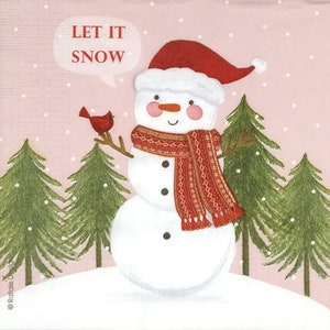 Q405# 3 pezzi di tovaglioli di carta singoli per decoupage, fazzoletti artigianali, divertente pupazzo di neve dipinto con berretto rosso, sciarpa e uccello cardinale su rosa