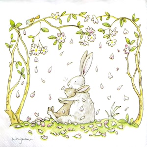 N224 # 3 Stück Papierservietten einzeln für Decoupage, Basteltücher, Patal-Schnee mit Paar-Kaninchen-Hasen-Liebes-Umarmung