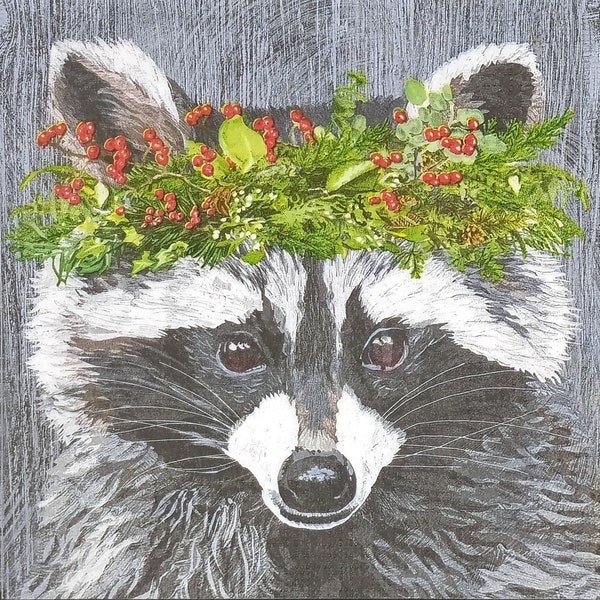 Q445# 3 Pieces Of Single Paper Napkins for Decoupage, Craft Tissue, Gray Raccoon Head With Christmas Holly Berry Wreath On Gray Background