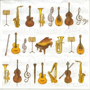 S539# 3 pezzi di PICCOLI tovaglioli di carta singoli per decoupage, fazzoletti artigianali, strumenti musicali violino, arpa, chitarra, pianoforte e altri motivi