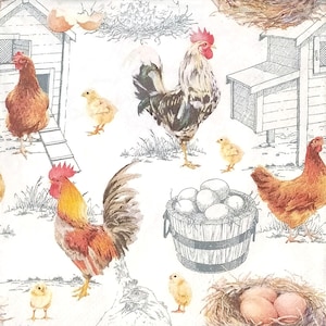S542 # 3 petites serviettes en papier simples pour découpage, papier de soie artisanal format cocktail, coqs, poules, poulets et œufs motif jardin