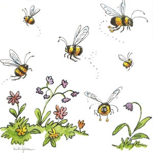 S192# 3 pezzi di PICCOLI tovaglioli di carta singoli per decoupage, fazzoletti artigianali, divertente ape gialla dipinta in un prato fiorito