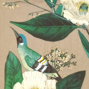 Q111 # 3 Stück einzelne Papierservietten für Decoupage, Bastelgewebe, weiße Mohnblume und exotische Vogel Muster auf hellbraunem Hintergrund