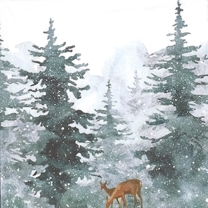 Q240# 3 piezas de servilletas de papel individuales para decoupage, pañuelos artesanales, pareja de corzos en un claro de bosque de abetos de invierno