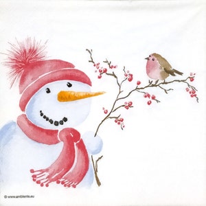 Q402# 3 Pieces Of Single Paper Napkins for Decoupage, Craft Tissue, Funny Winter Snowman With Hat, Scarf And Robin Bird On Twig