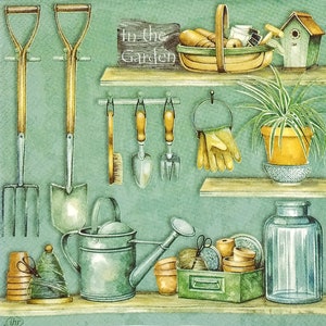 May include: A watercolour illustration featuring garden tools, a basket, a birdhouse, a potted plant, a watering can, and a glass jar on shelves. The text In the Garden is visible on a dark sign. The scene includes a shovel, fork, and gloves.