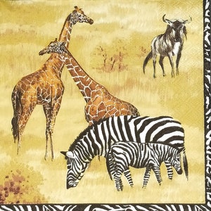 Q475 # 3 Stück einzelne Papierservietten für Decoupage, Basteltücher, Afrikanische Tiere Giraffe, Gnu, Zebra, Gepard, Nashorn in Grasmuster