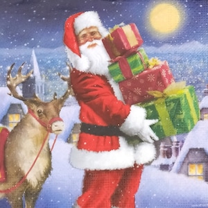 P855# 3 Pieces Of Single Paper Napkins for Decoupage, Craft Tissue, Christmas Santa Claus Bringing Stack Of Gifts And Deer
