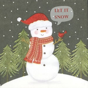 Q408# 3 pezzi di tovaglioli di carta singoli per decoupage, fazzoletti di carta, divertente pupazzo di neve dipinto con berretto da Babbo Natale, sciarpa e uccello cardinale su sfondo grigio