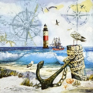 S498# 3 pezzi di PICCOLI tovaglioli di carta singoli per decoupage, fazzoletti artigianali, riva del mare con ancora, faro, gabbiano e rosa dei venti