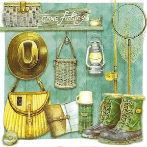 Q153# 3 Pieces Of Single Paper Napkins for Decoupage, Craft Tissue, Fisherman Tools On Shelf, Hat, Boots, Fishing Rod Pattern Collage