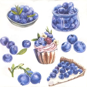 Q977# 3 Pieces Of Single Paper Napkins for Decoupage, Craft Tissue, Blue Berry Blueberry Sweets, Cakes, Muffin, Desserts Pattern On White
